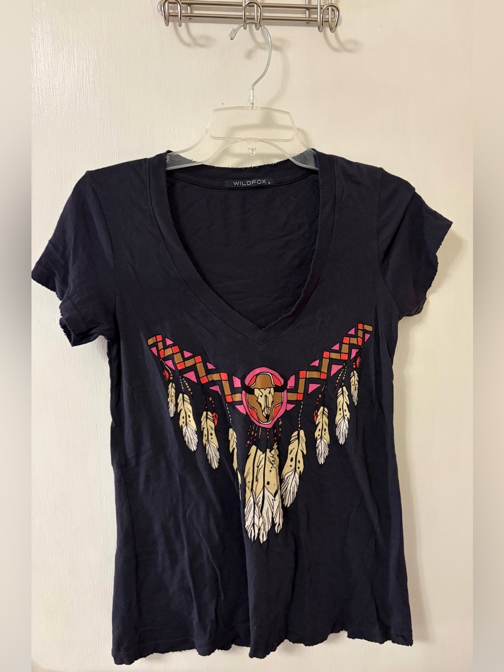 Wildfox Grey V-Neck Tee with Colorful Feather and Skull Graphic